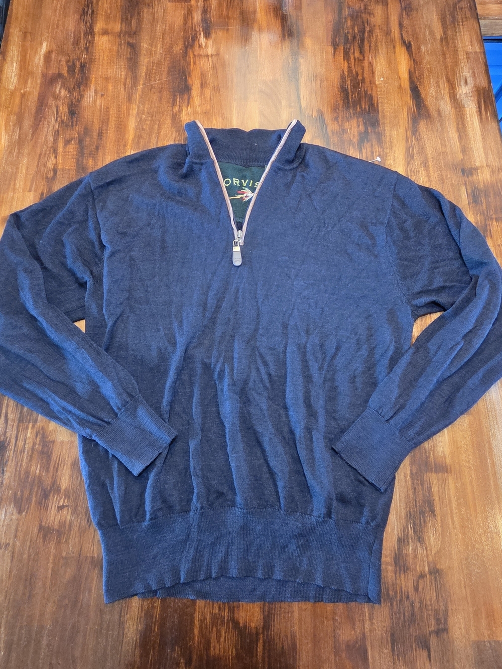 Orvis Mens M Navy Blue 100% Merino Wool Quarter Zip Leather Trim Sweater